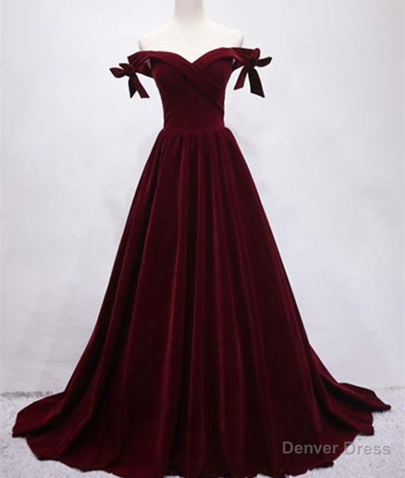 Burgundy Off Shoulder Velvet Long Prom Dress, Off Shoulder Burgundy Graduation Dress, Evening Dress