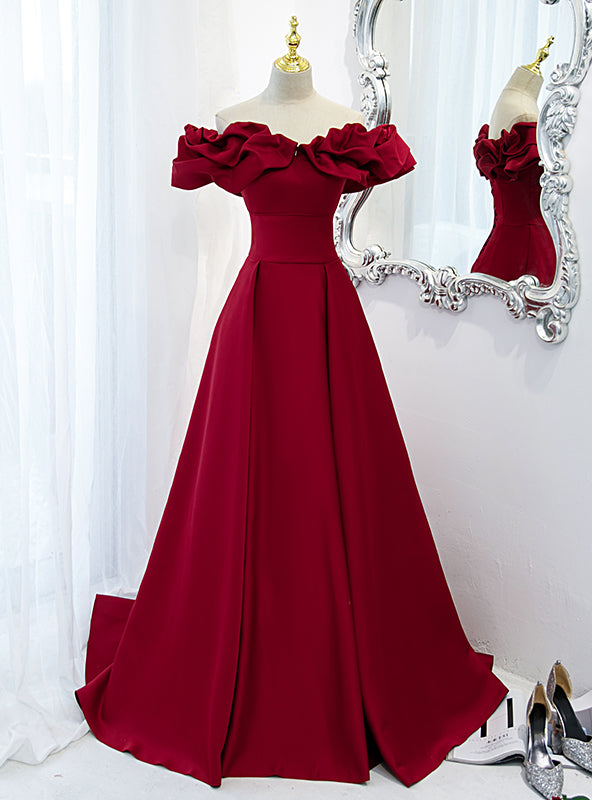 Burgundy Off the Shoulder Ruffles Prom Dress