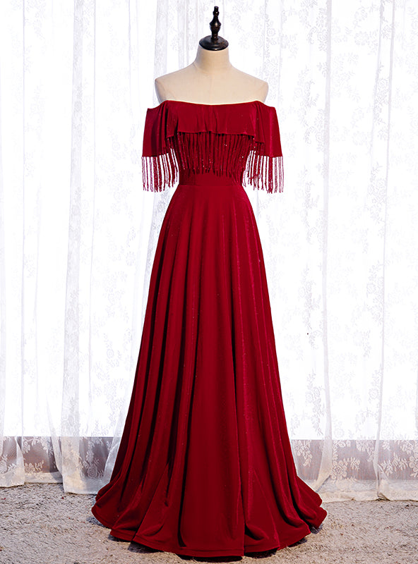 Burgundy Off the Shoulder Tassel Beading Prom Dress