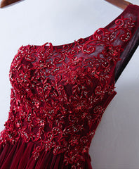 Burgundy One Shoulder Long Prom Dresses, Lace Evening Dresses