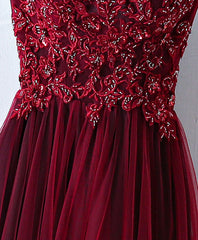 Burgundy One Shoulder Long Prom Dresses, Lace Evening Dresses