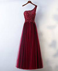 Burgundy One Shoulder Long Prom Dresses, Lace Evening Dresses