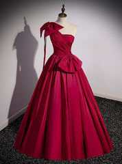 Burgundy One Shoulder Pleats Prom Dress