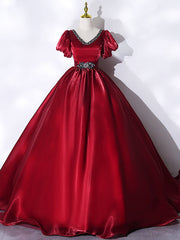 Burgundy Organza V-neck Puff Sleeve Beading Quinceanera Dresses