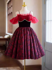 Burgundy Print Spaghetti Straps Homecoming Dresses