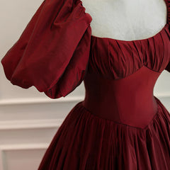 Burgundy Puffy Sleeves Taffeta Long Prom Dresses, Floor Length Sweetheart Party Dresses