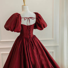 Burgundy Puffy Sleeves Taffeta Long Prom Dresses, Floor Length Sweetheart Party Dresses