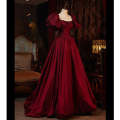 Burgundy Puffy Sleeves Taffeta Long Prom Dresses, Floor Length Sweetheart Party Dresses