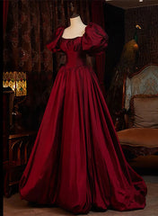 Burgundy Puffy Sleeves Taffeta Long Prom Dresses, Floor Length Sweetheart Party Dresses