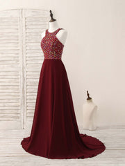 Burgundy Round Neck Chiffon Beads Long Prom Dresses