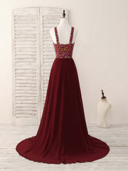 Burgundy Round Neck Chiffon Beads Long Prom Dresses