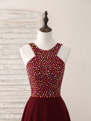 Burgundy Round Neck Chiffon Beads Long Prom Dresses