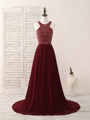 Burgundy Round Neck Chiffon Beads Long Prom Dresses