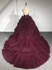 Burgundy Round Neck Tulle Burgundy Long Prom Gown, Burgundy Long Evening Dresses