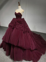 Burgundy Round Neck Tulle Burgundy Long Prom Gown, Burgundy Long Evening Dresses