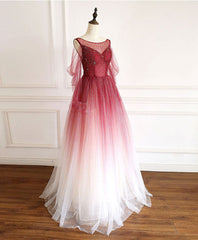 Burgundy Round Neck Tulle Long Prom Dresses Burgundy Evening Dresses