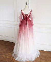 Burgundy Round Neck Tulle Long Prom Dresses Burgundy Evening Dresses