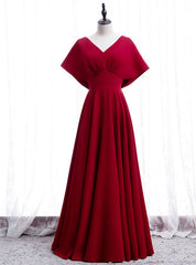 Burgundy Satin Bat Sleeve V-neck Prom Dresses