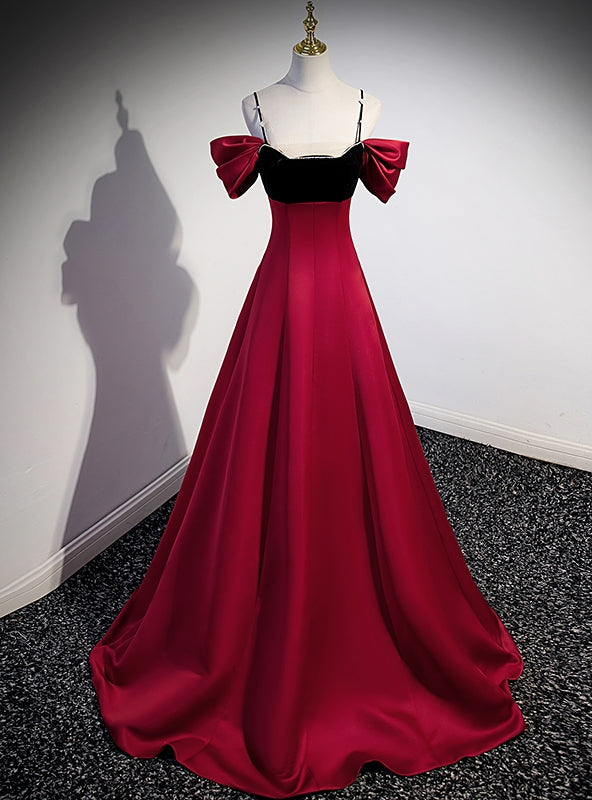 Burgundy Satin Black Velvet Spaghetti Straps Beading Prom Dress