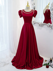 Burgundy Satin Cap Sleeve Beading Pearls Prom Dresses