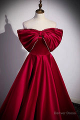 Burgundy Satin Floor Length Prom Dress, A-Line Off the Shoulder Evening Party Dress