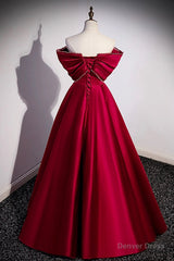 Burgundy Satin Floor Length Prom Dress, A-Line Off the Shoulder Evening Party Dress