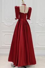 Burgundy Satin High Neck Long Prom Dresses, Burgundy A-Line Evening Party Dresses