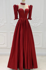 Burgundy Satin High Neck Long Prom Dresses, Burgundy A-Line Evening Party Dresses