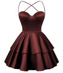 Bourgogne Satin Homecoming Dress Sweetheart Neck Tiered Short Graduation Dresses