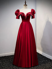 Burgundy Satin Illusion Neck Short Sleeve Prom Dresses