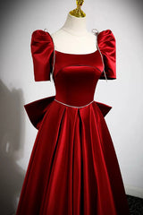 Burgundy Satin Long Prom Dresses, A-Line Evening Dresses with Bow