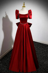 Burgundy Satin Long Prom Dresses, A-Line Evening Dresses with Bow