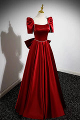 Burgundy Satin Long Prom Dresses, A-Line Evening Dresses with Bow