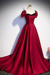 Burgundy Satin Long Prom Dresses, Simple A-Line Evening Party Dresses