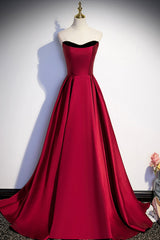 Burgundy Satin Long Prom Dresses, Simple A-Line Evening Party Dresses