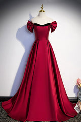 Burgundy Satin Long Prom Dresses, Simple A-Line Evening Party Dresses