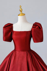 Burgundy Satin Long Prom Dresses, Simple A-Line Short Sleeve Evening Dresses