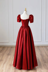 Burgundy Satin Long Prom Dresses, Simple A-Line Short Sleeve Evening Dresses