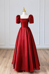 Burgundy Satin Long Prom Dresses, Simple A-Line Short Sleeve Evening Dresses