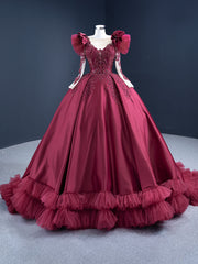 Burgundy Satin Long Sleeve Beading Prom Dresses