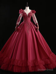 Burgundy Satin Long Sleeve Beading Quinceanera Dress