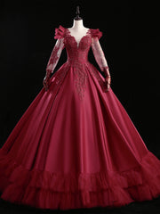 Burgundy Satin Long Sleeve Beading Quinceanera Dress