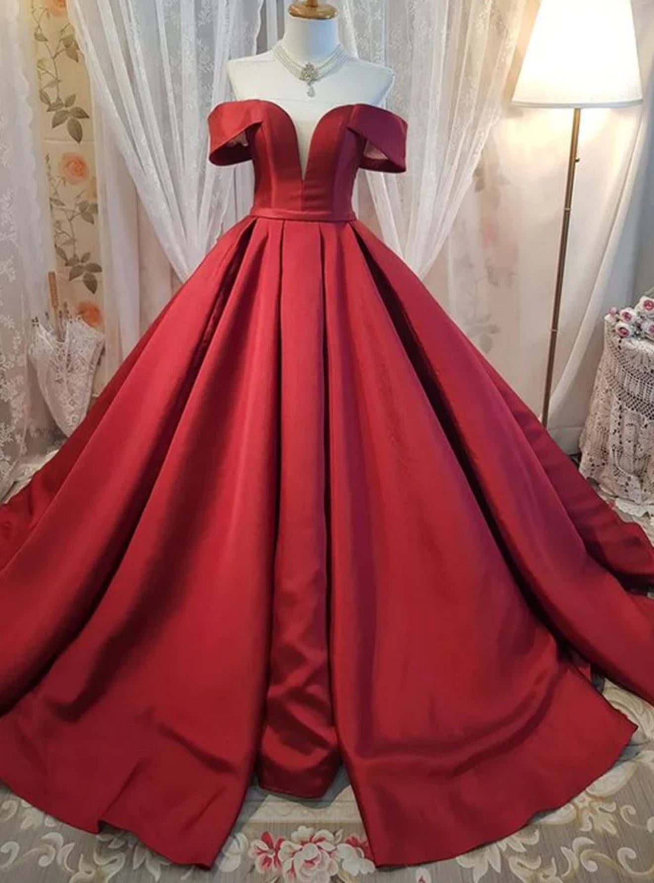 Burgundy Satin Off the Shoulder Formal Prom Dress