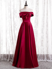 Burgundy Satin Off the Shoulder Pearls Prom Dresses