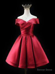 Burgundy Satin Off the Shoulder Pleats Homecoming Dress