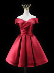 Burgundy Satin Off the Shoulder Pleats Homecoming Dress