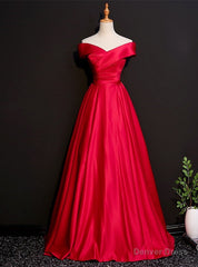 Burgundy Satin Off the Shoulder Pleats Prom Dress