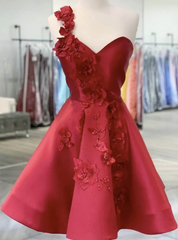 Burgundy Satin One Shoulder 3D Appliques Homecoming Dresses