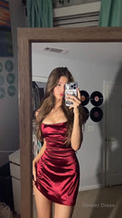 Burgundy Satin Party Dress,Short Homecoming Dress