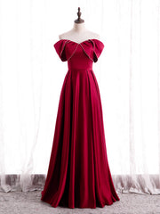 Burgundy Satin Pleats Off the Shoulder Pearls Prom Dresses